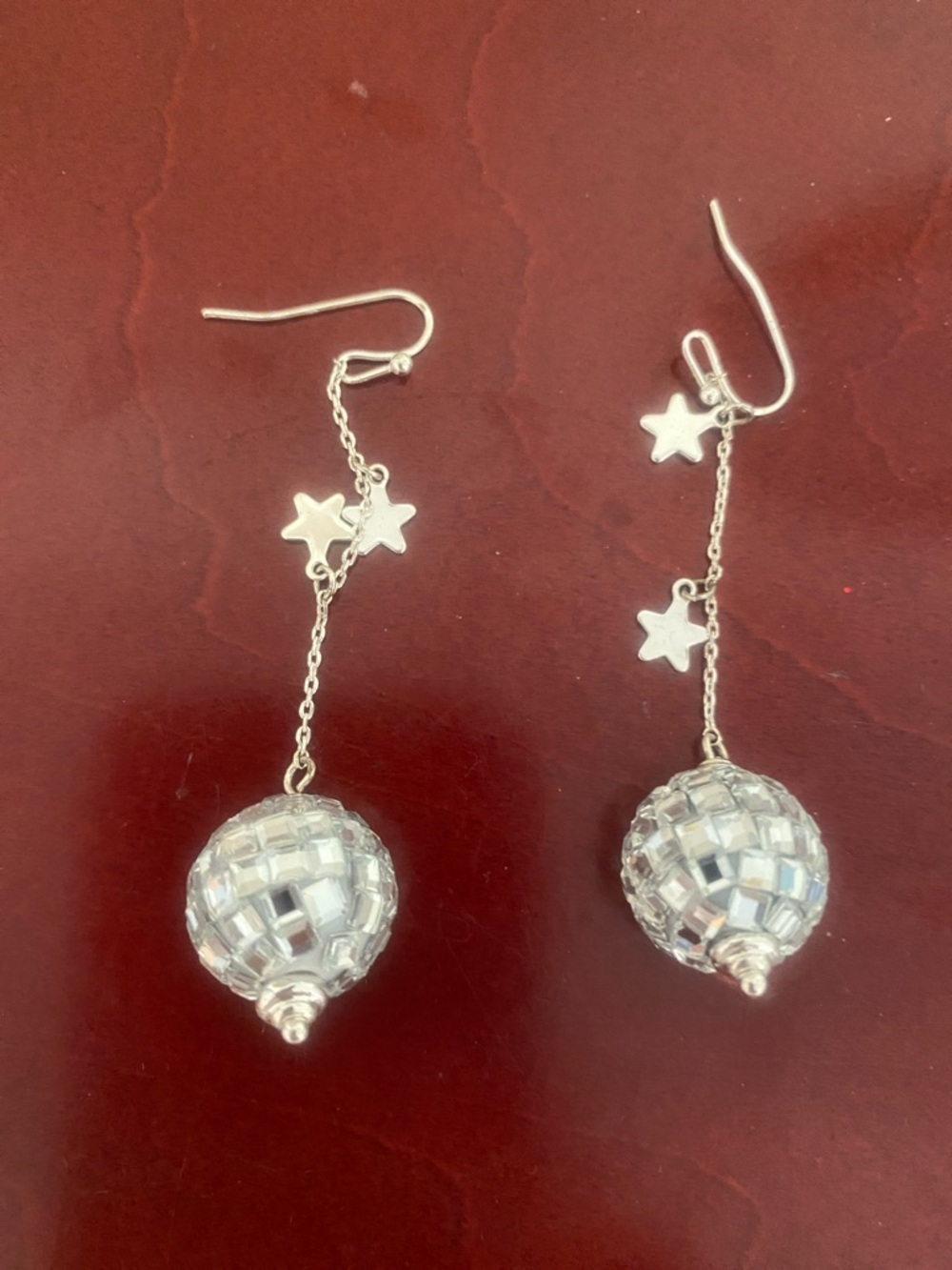 Silver Star Drop Earrings with Mirrored Disco Balls